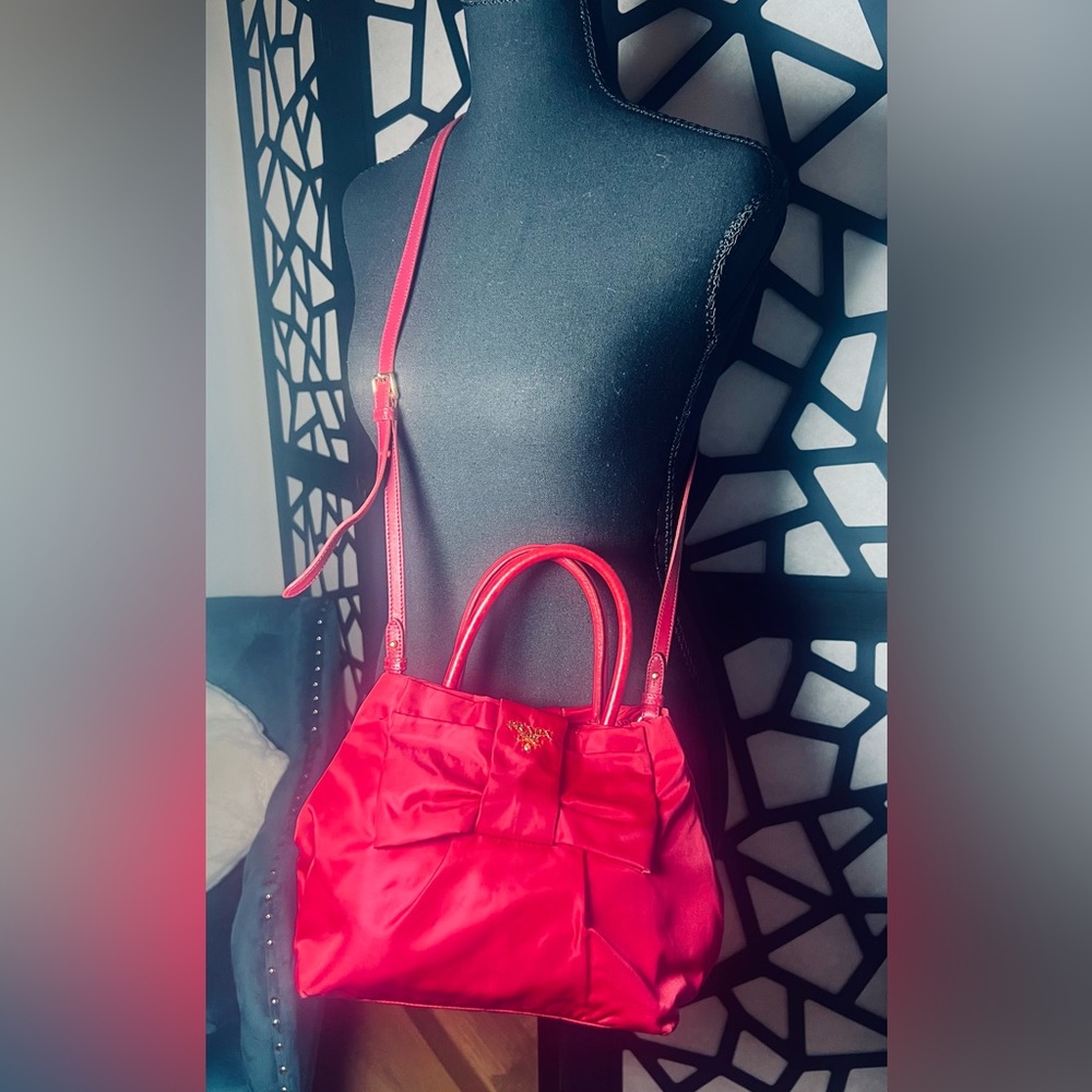Prada ๐Tessuto Fiocco 2way Red bag leather and nylon bow & GHW Like New!โค๏ธโ๐ฅ